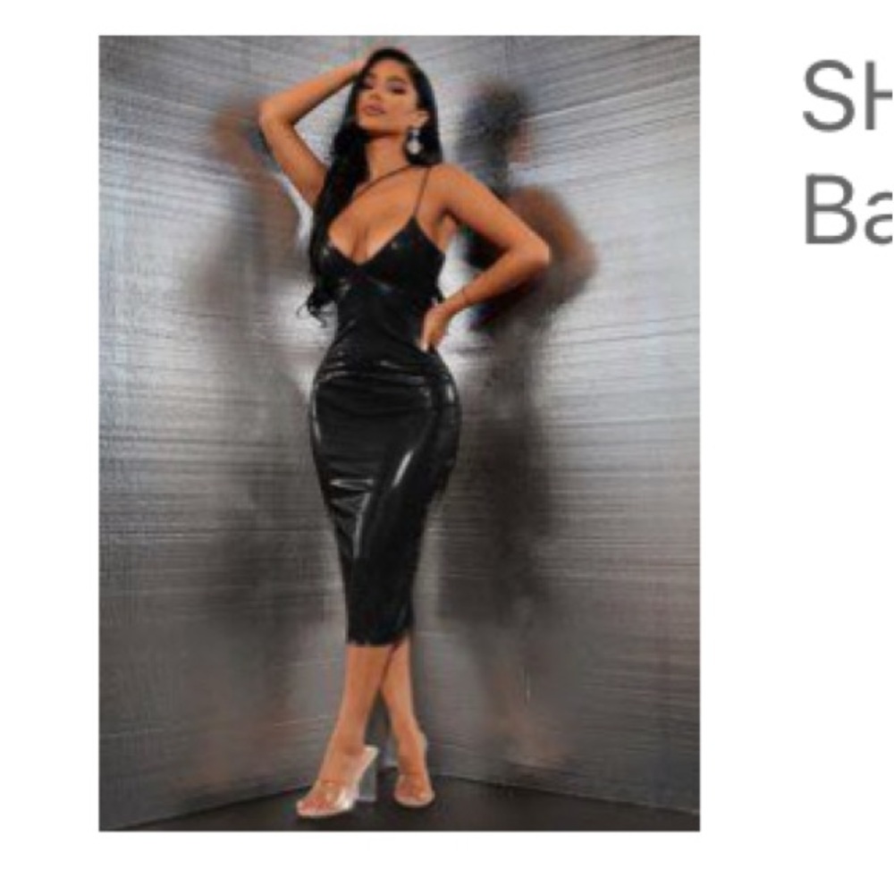 SHEIN Black Bodycon Midi Dress with Plunge Neckline
